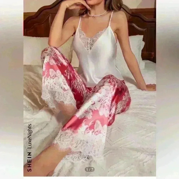 Shein LuxeNights Women's Floral Printed Lace Patchwork Pajama Set - Picture 3 of 7